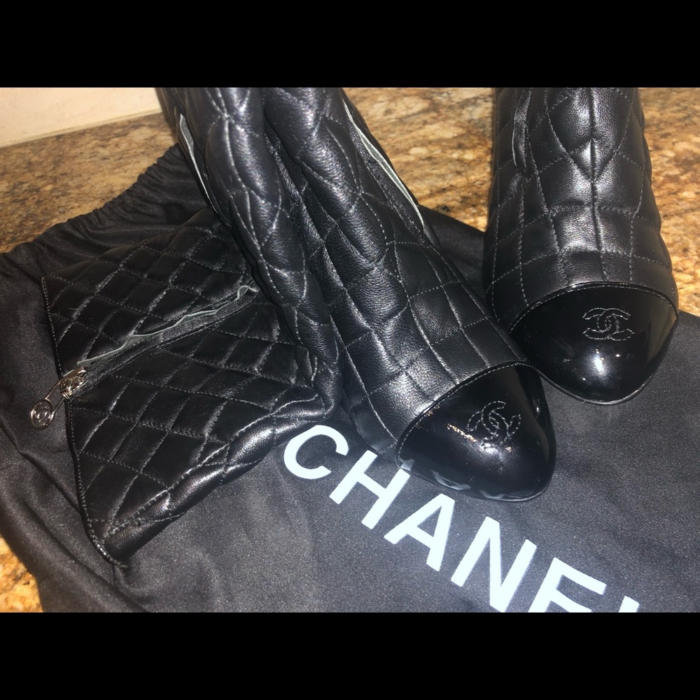 Chanel vintage black high heel knee high boots